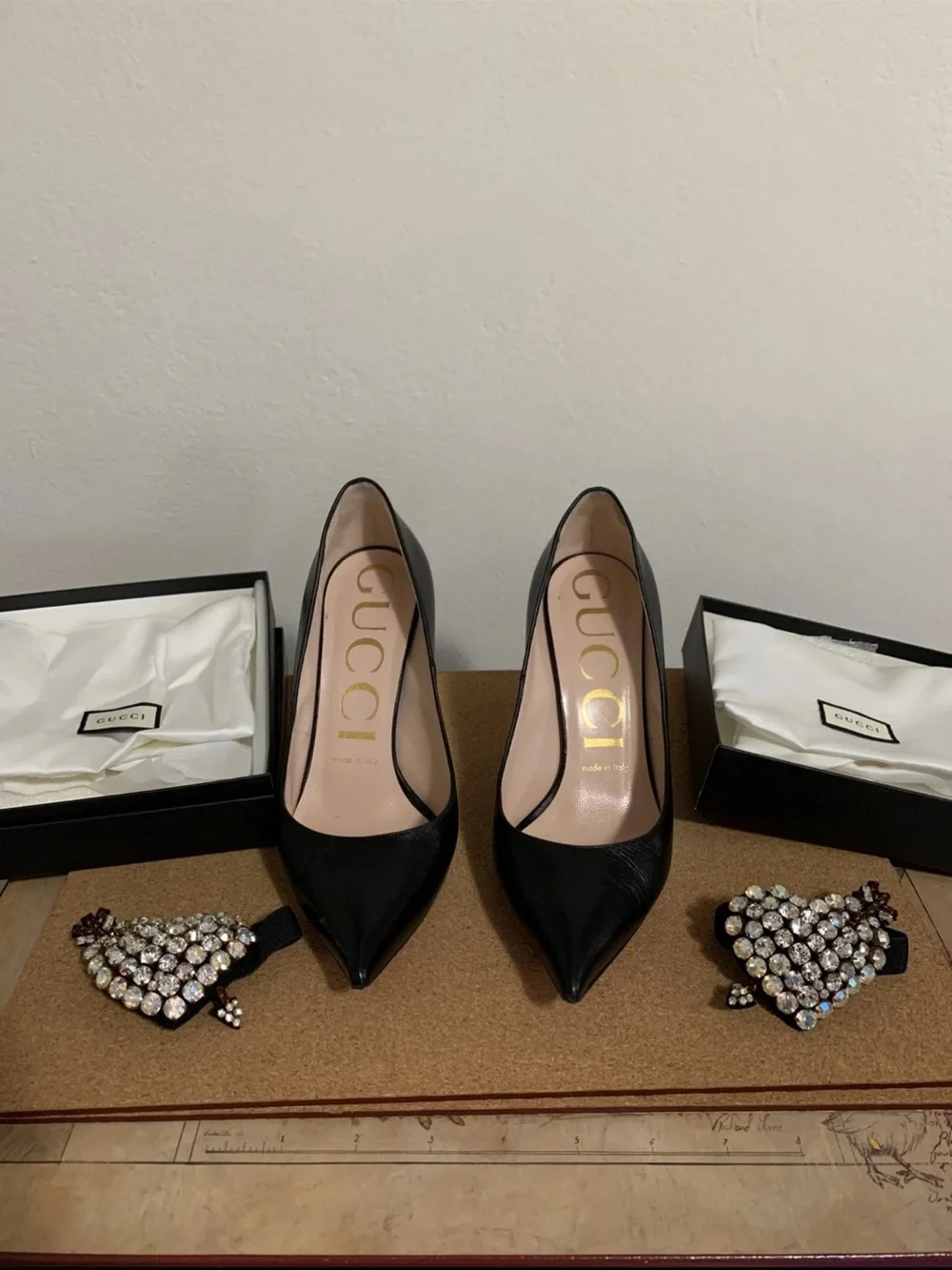 Gucci Black Leather Crystal Heart Mary Jane Pumps